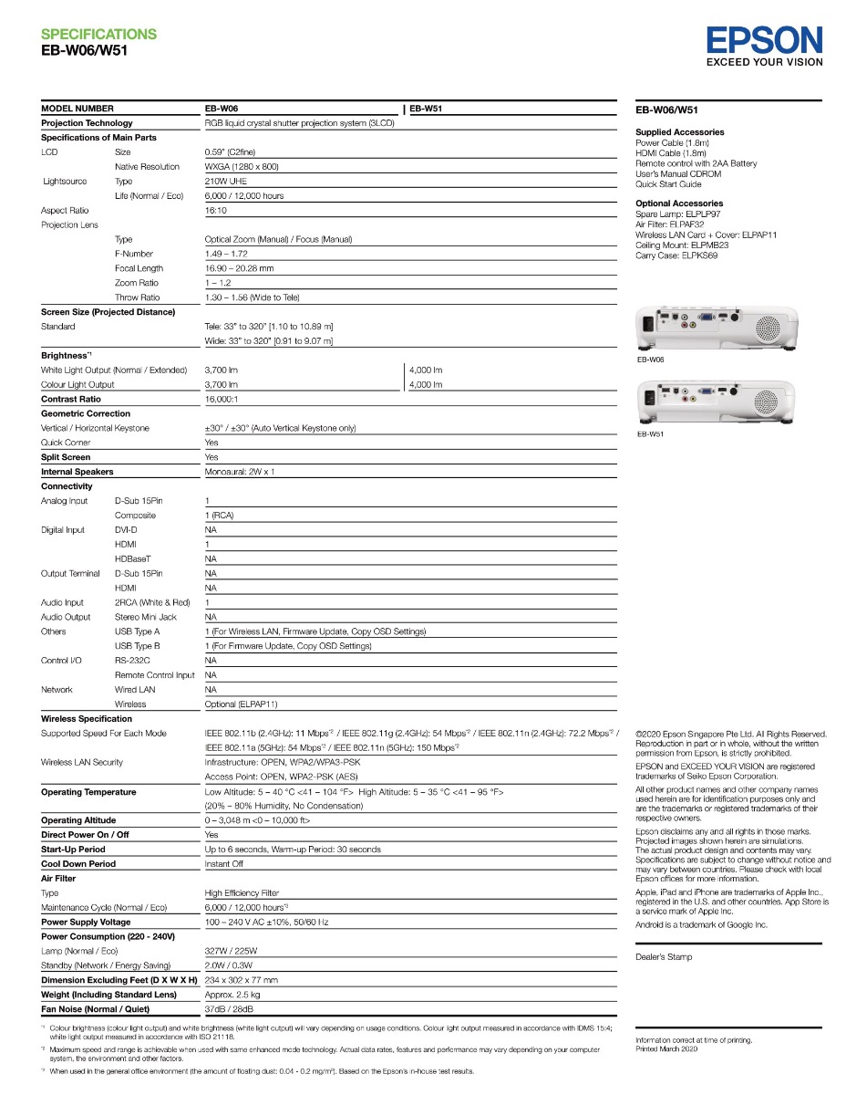 Epson EB-W06 WXGA 3LCD 3700 Lumens Projector - Projector Bangladesh